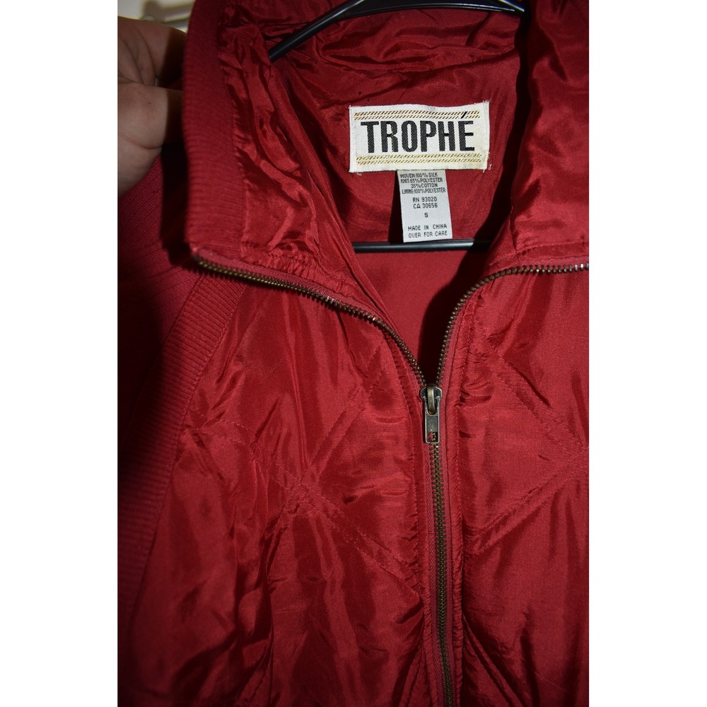 Trophe Red Quilted Silk Bomber Jacket Vintage Mixed Media Knit Sleeve Small